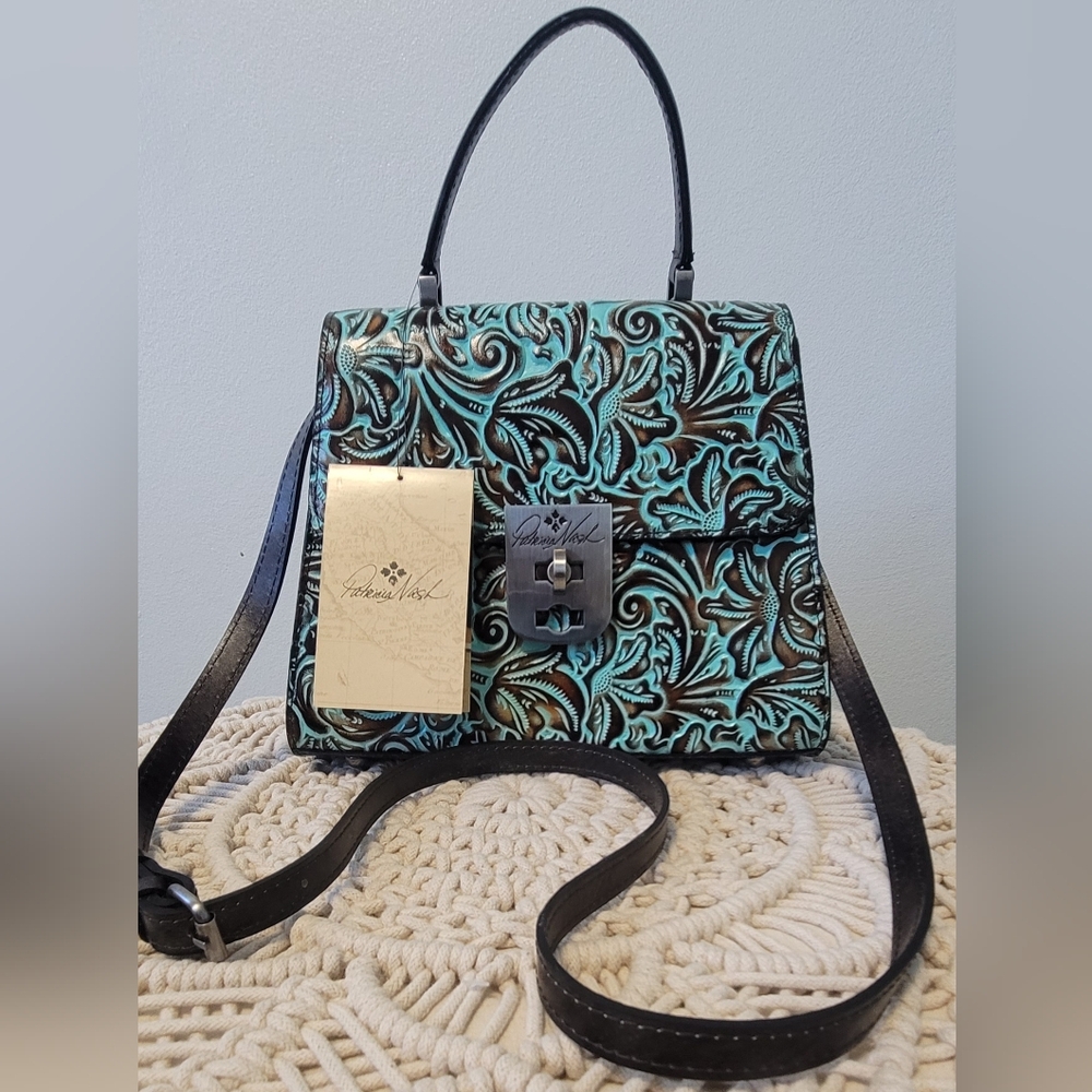 Patricia Nash Turquoise and Black Embossed Leather Bag - Picture 11 of 15